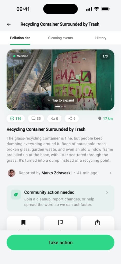 Chisto.mk cleanup event listing with RSVP and Take action options linked to a pollution site.